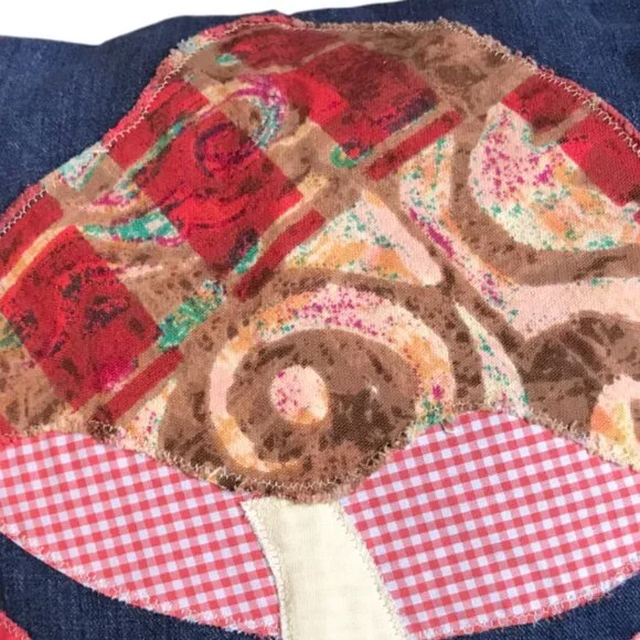 Mushroom Pillow Cover Handmade 18 x18 Whimsical Fungi Cottagecore Recycled Denim - Picture 6 of 9